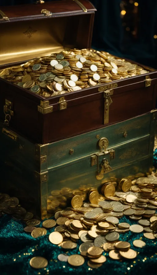 a chest full of gold coins on a blue cloth