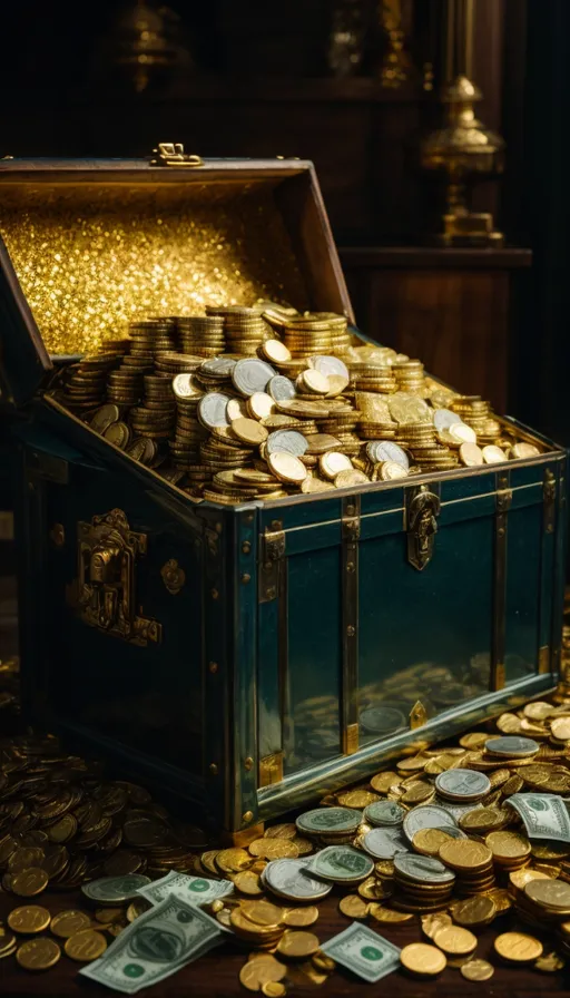 a chest full of gold coins on a table