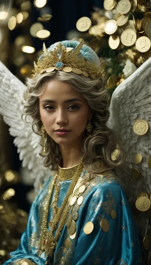 a young girl dressed as an angel surrounded by gold coins