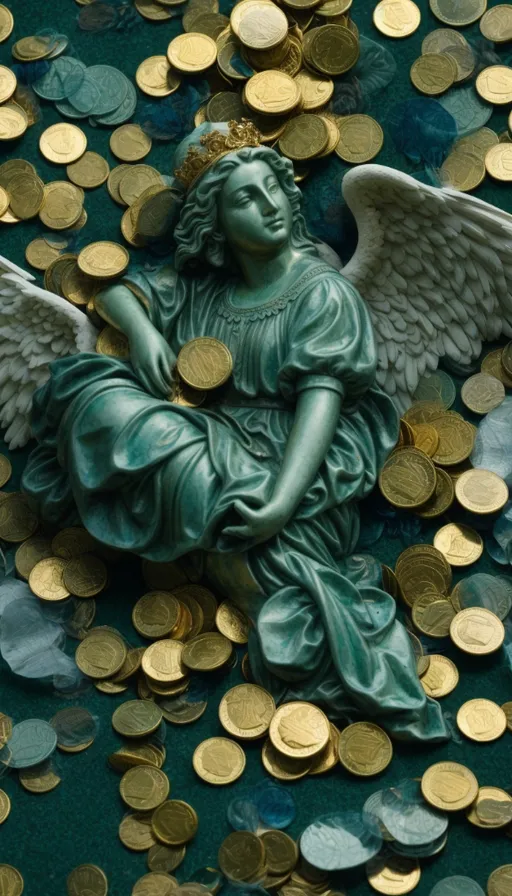 a statue of an angel surrounded by gold coins