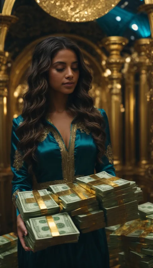 a woman in a green dress holding stacks of money