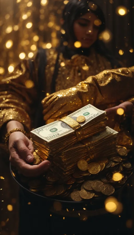 a woman holding a tray of gold coins