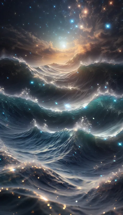 a painting of waves with stars in the sky