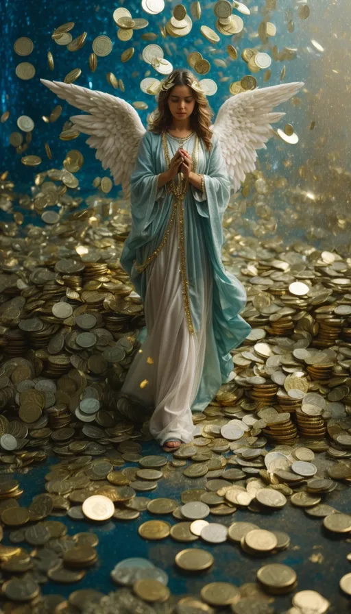 an angel standing in front of a pile of coins