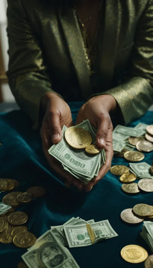 a woman sitting at a table with lots of money