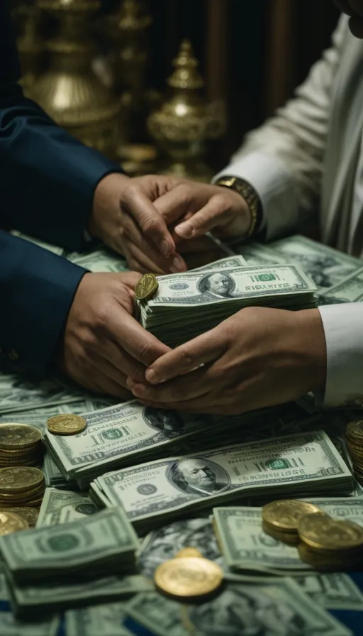 two people sitting at a table with stacks of money