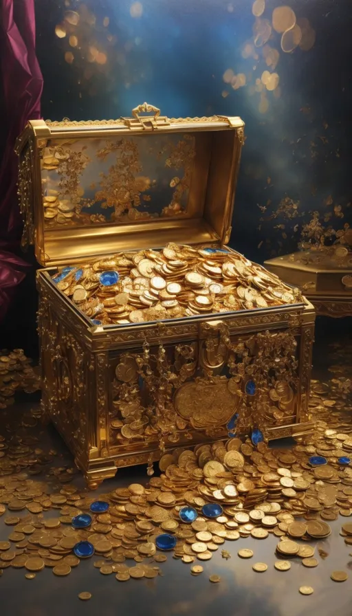 a chest of gold coins with a purple curtain in the background