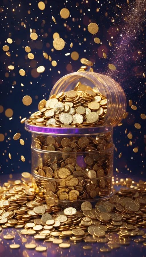 a jar filled with gold coins on top of a table