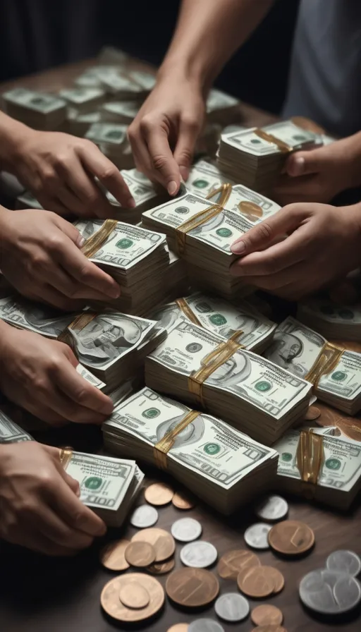 a group of people stacking money on top of a table