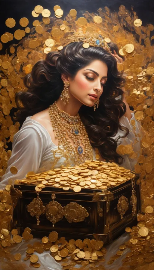 a painting of a woman holding a chest of gold coins