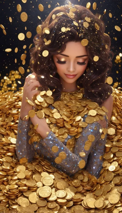 a woman is surrounded by gold coins