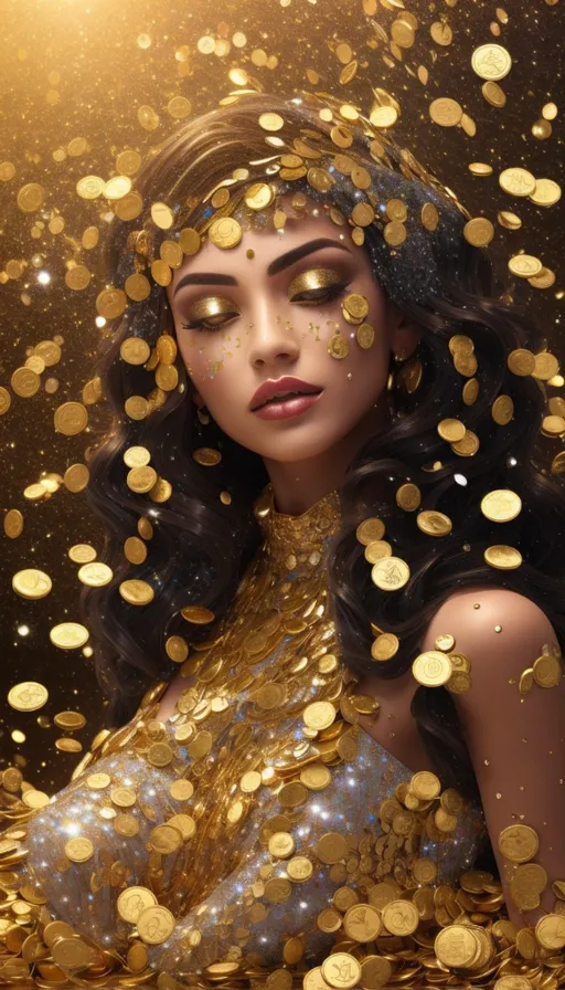 a woman in a golden dress surrounded by gold coins