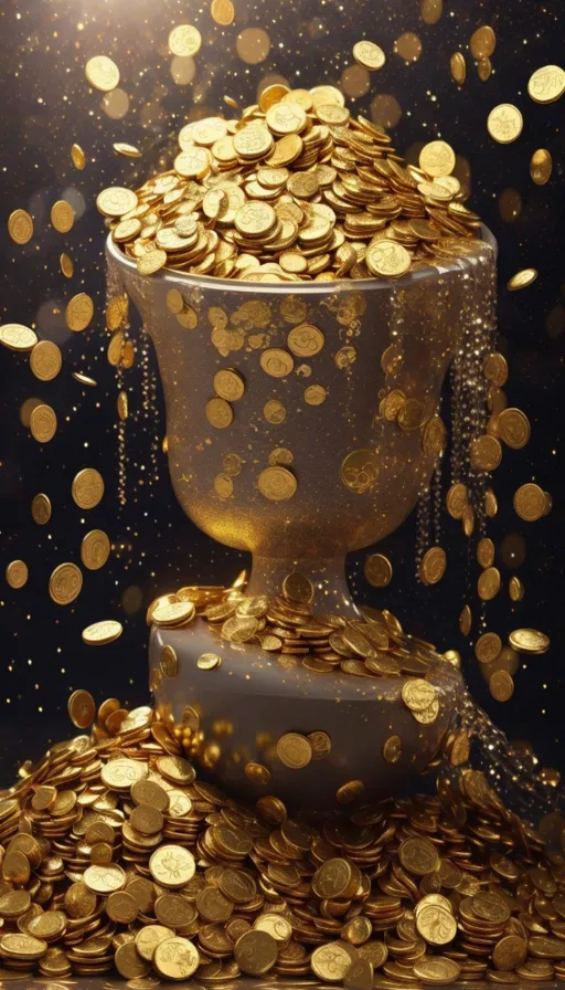 a large bowl filled with gold coins on top of a table