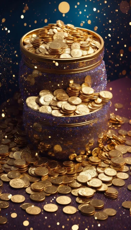 a jar filled with gold coins on top of a table