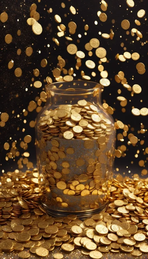 a jar filled with gold coins on top of a table