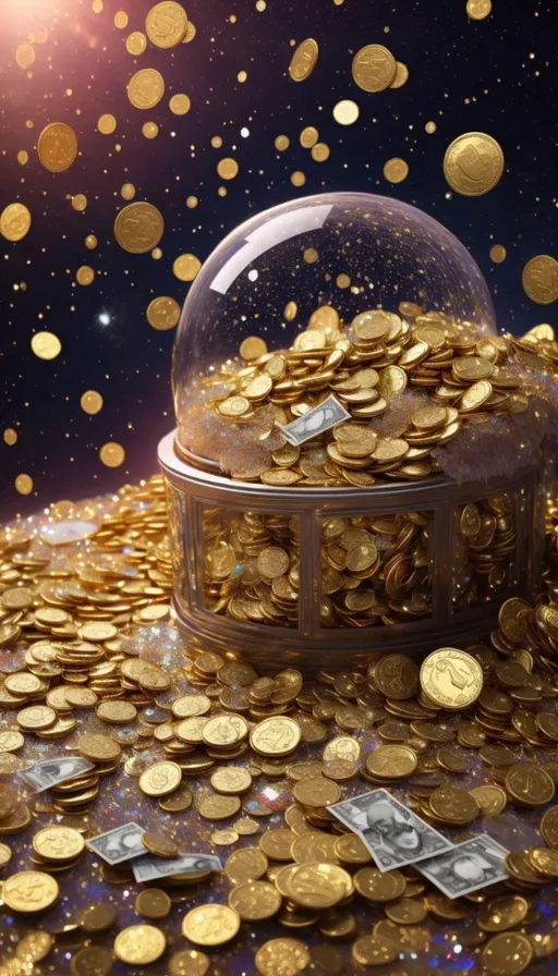 a glass dome filled with lots of gold coins