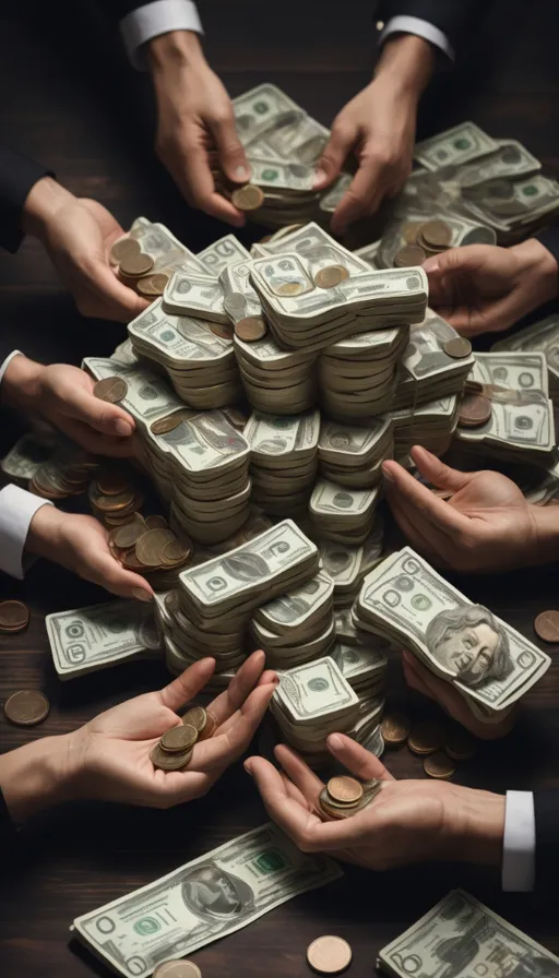 a pile of money being held by a group of people