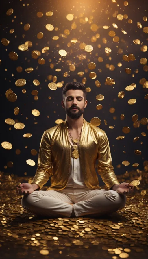 a man in a gold jacket meditating in front of a backdrop of gold coins