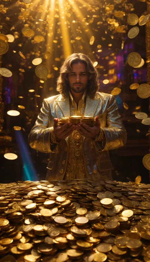 a man standing in front of a pile of gold coins