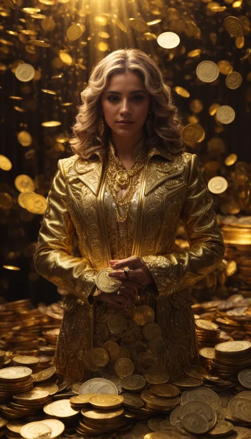 a woman standing in front of a pile of gold coins