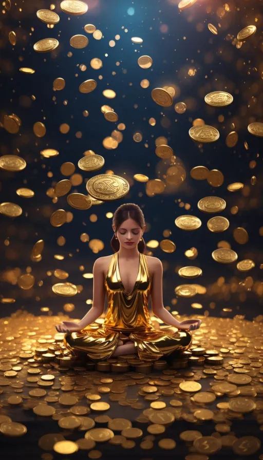 a woman in a gold dress sitting on a pile of gold coins