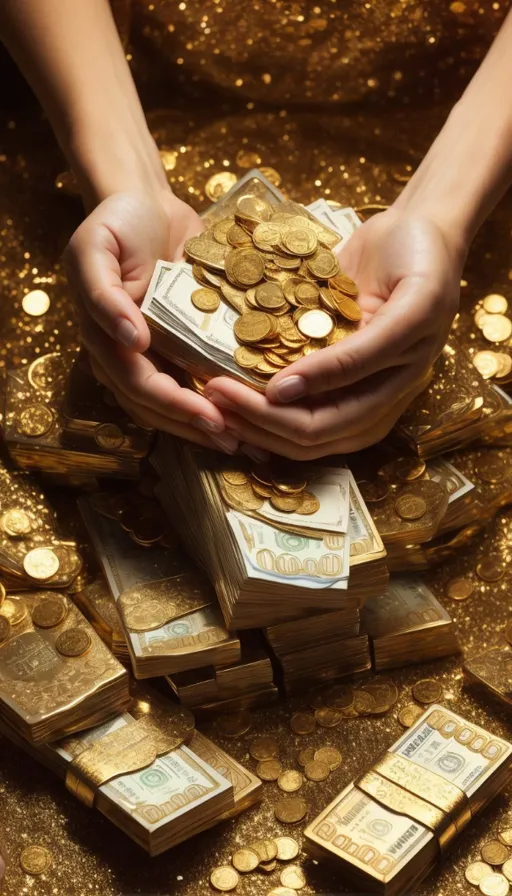 a pile of gold coins being held by two hands