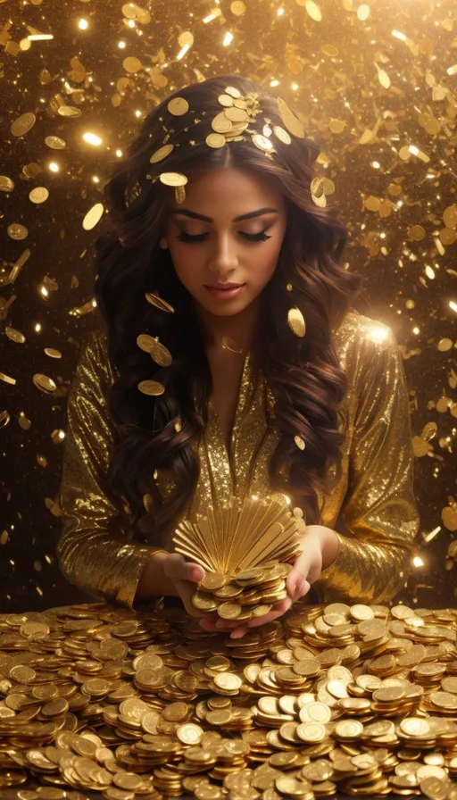 a woman in a gold dress holding a fan of gold coins