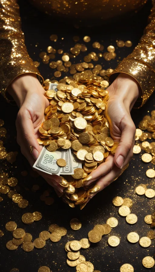a person holding a heart shaped box filled with gold coins