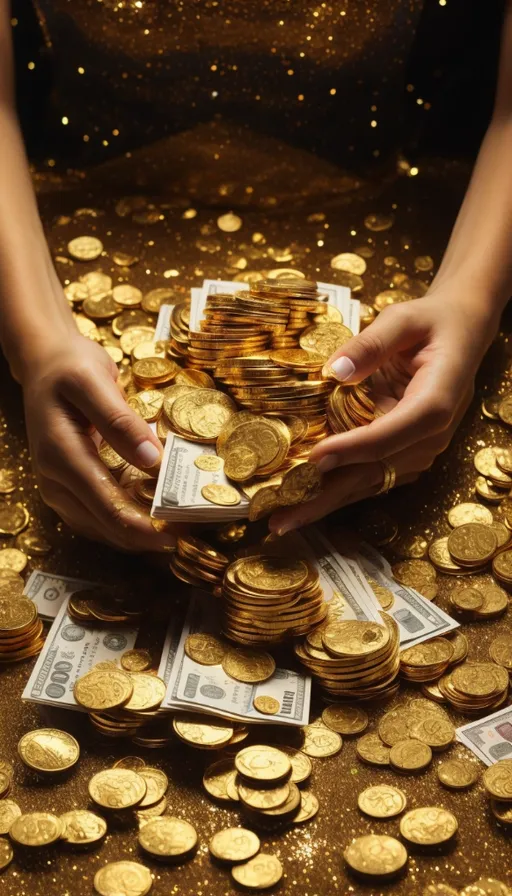 a pile of gold coins being held by two hands