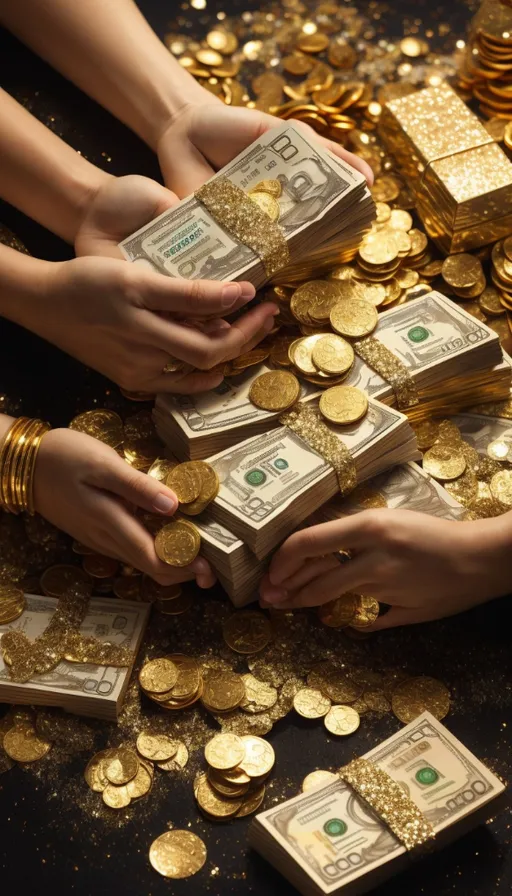 a pile of gold coins and hands holding stacks of money