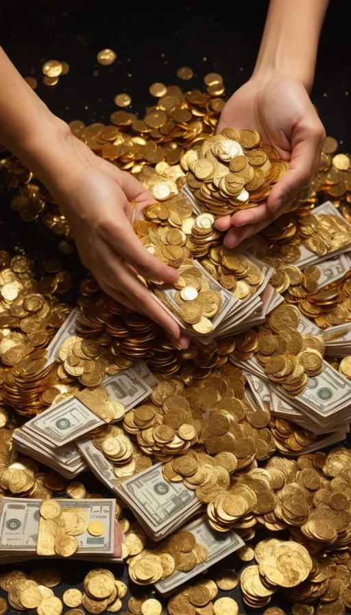 a pile of gold coins with a woman's hands reaching for them