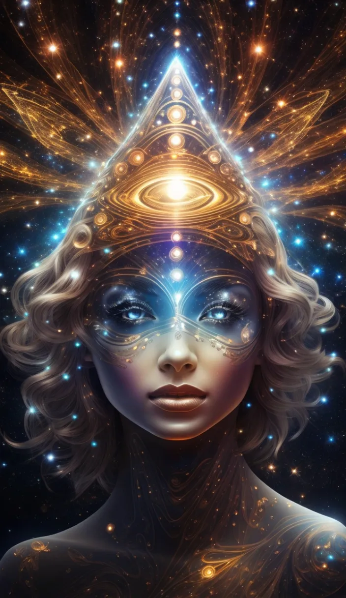 a woman with a triangle on her head surrounded by stars