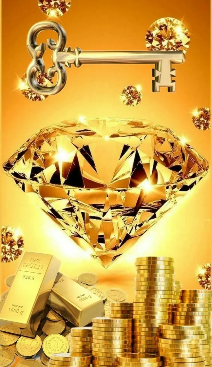 a golden diamond surrounded by gold coins and a key