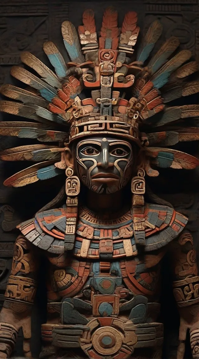 Huitzilopochtli is represented as a blue man fully armed, with hummingbird feathers on his head. His mystical weapon was the xiuhcoatl (turquoise or fire serpent). Cinematic, 3D, 8K, photo realistic, poster