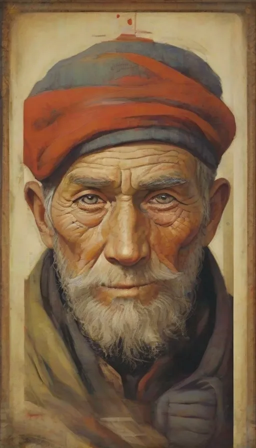 a painting of an old man wearing a red hat