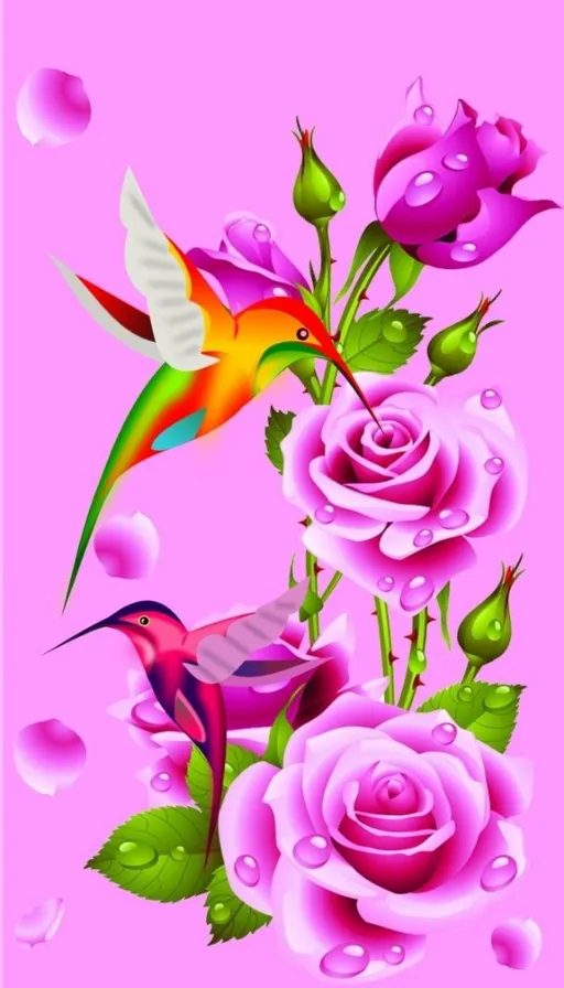 a pink background with a bird and flowers