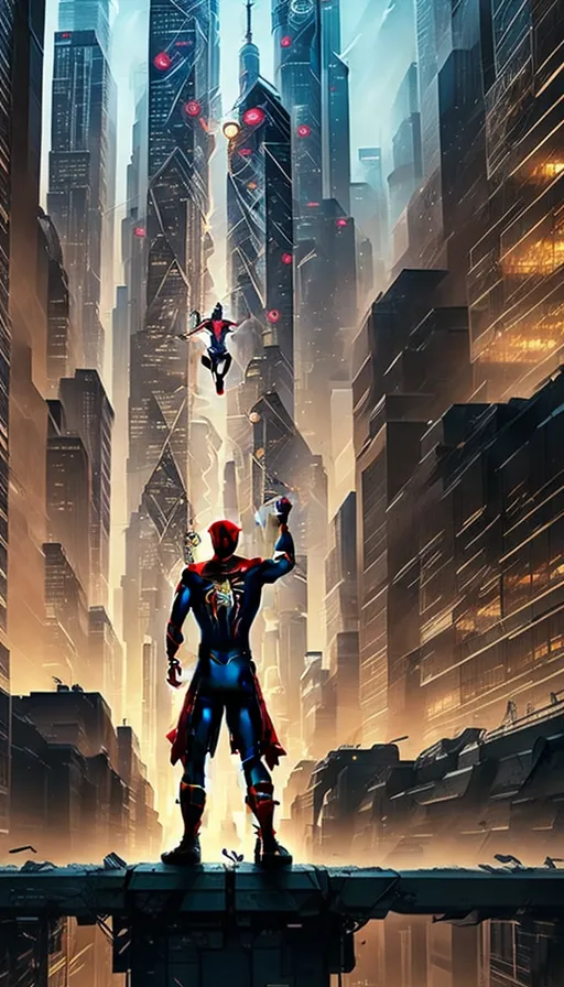 a man standing on top of a bridge in front of a city