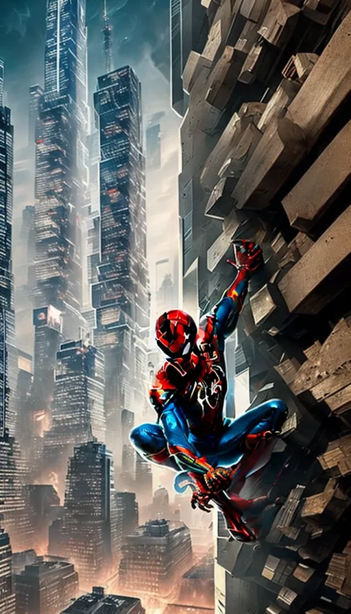 a spider man flying through the air over a city