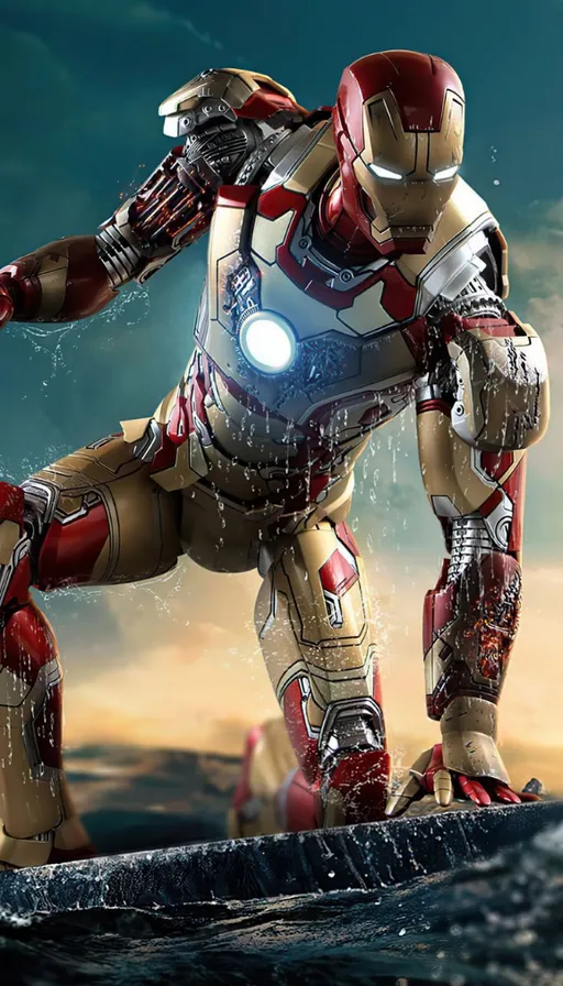 an iron man standing on a rock in the ocean