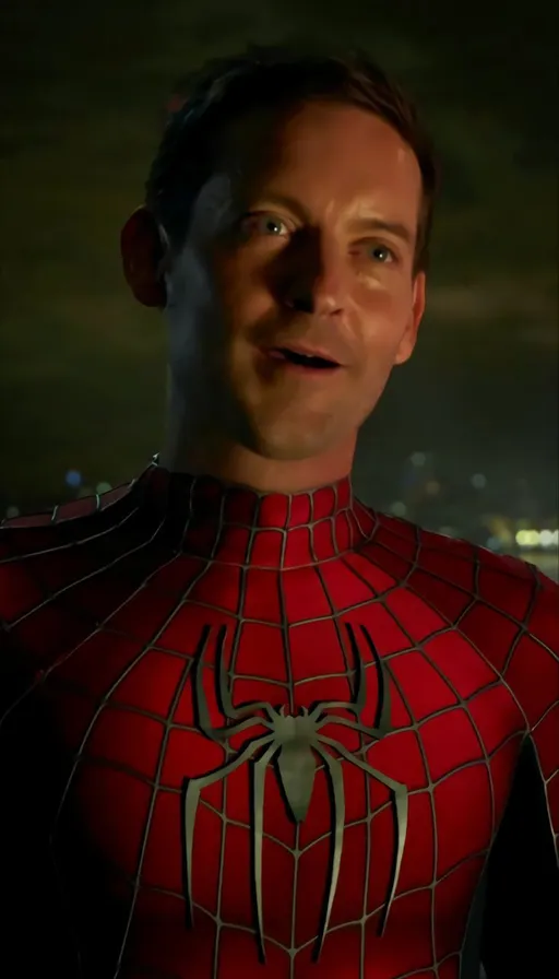 a man in a spider - man suit is staring at the camera