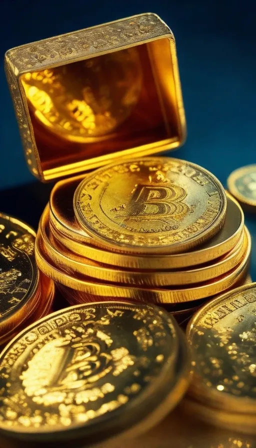 a pile of gold bitcoins sitting on top of each other