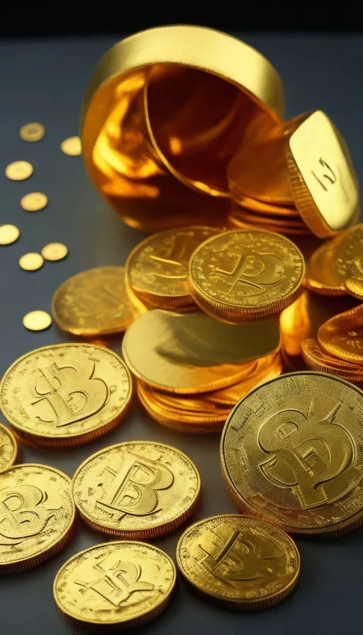 a pile of gold bitcoins and a gold coin