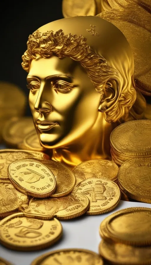 a golden statue of a man surrounded by gold coins