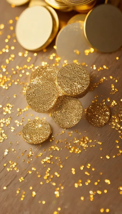 a pile of gold coins sitting on top of a wooden table