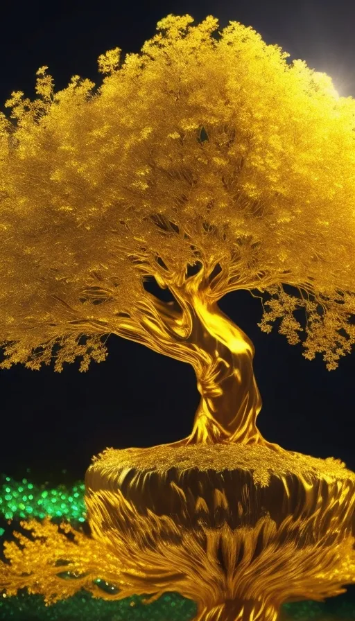 a golden tree with a full moon in the background