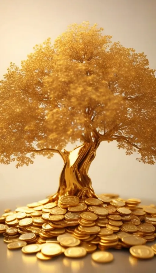 a golden tree sitting on top of a pile of gold coins y glitter