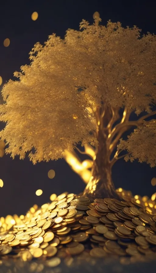 a golden tree on top of a pile of gold coins