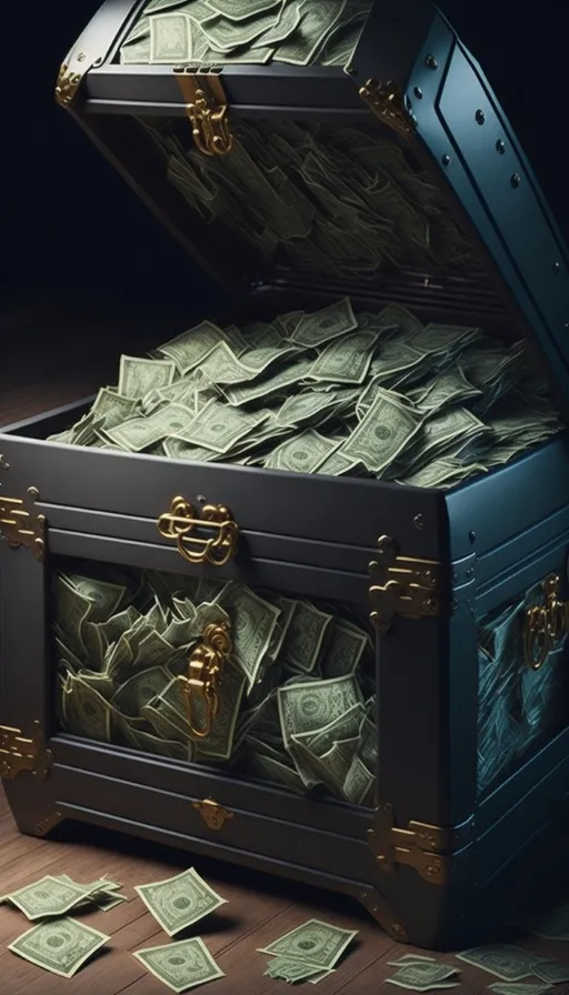 a trunk filled with money sitting on top of a wooden floor