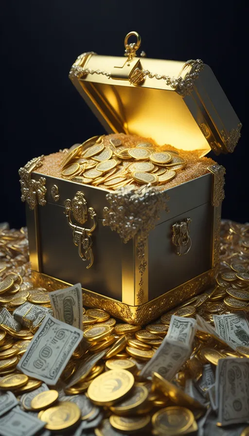 a chest of gold with a bunch of money around it