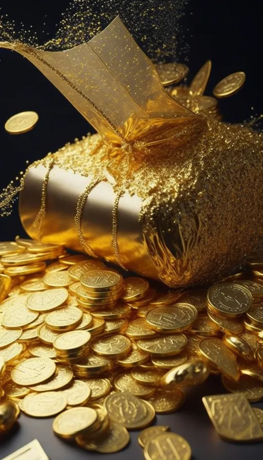 a gold gift box sitting on top of a pile of gold coins